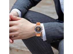 Relógio de pulso masculino em couro PU, estilo casual elegante para negócios, dourado rosê e marrom claro.