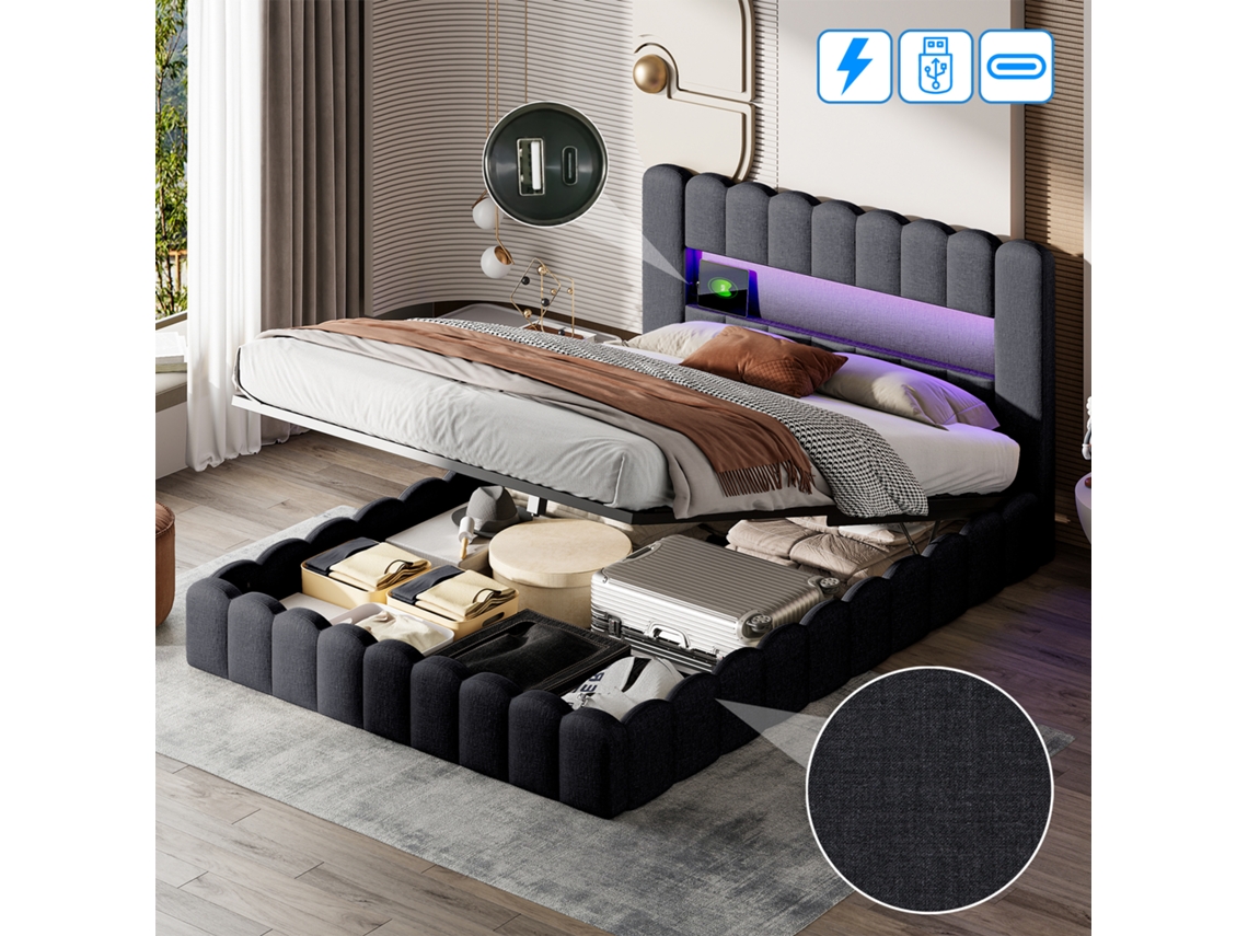 Cama De Casal Com Arrumação 140x200 Cm Estofada Com Elevador Hidráulico, Led E Usb, Cabeceira Com Arrumação, Tecido Linho Cinzento Escuro