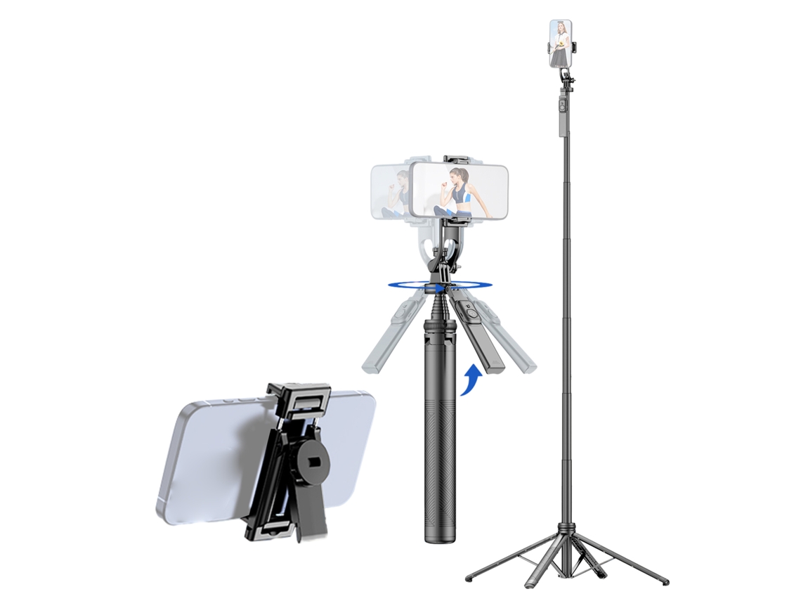 Tripé para selfie com bastão extensível de 4 pernas, 180 cm, clipe de celular removível, controle remoto para vlogs, selfies, transmissões ao vivo e iPhone.