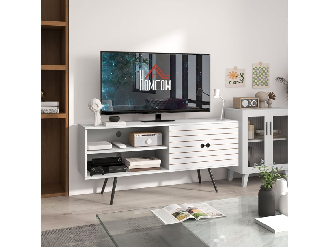Móvel de TV moderno para TVs de 65 polegadas, com 2 prateleiras abertas e 1 ajustável, 145x38x65cm, branco PMM CAPITALI
