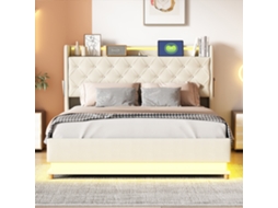 Cama Estofada Led 140x200cm Com Usb E Armazenamento Hidráulico, Linho, Bege.