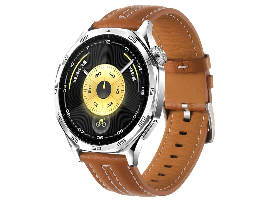 Bracelete Para Huawei Watch Gt 6 (46mm) - Couro - Costura Bicolor - Fivela Prateada (22mm) Amarelo E Marrom