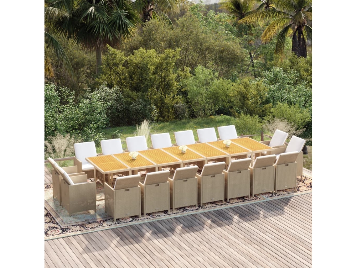 Vidaxl 19 Pcs Conjunto Jantar P/ Jardim C/ Almofadões Vime Pe Bege