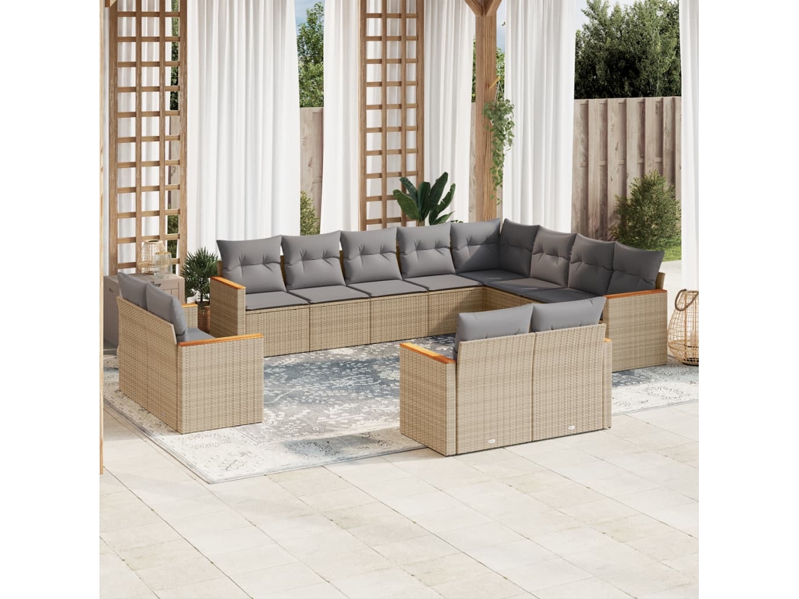Vidaxl 12 Pcs Conjunto De Sofás P/ Jardim Com Almofadões Vime Pe Bege