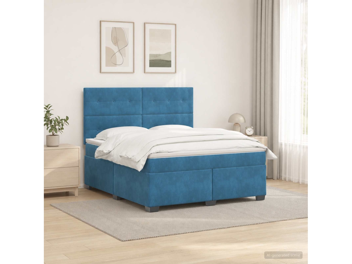 Vidaxl Cama Box Spring Com Colchão Azul 160 X 200 Cm Veludo