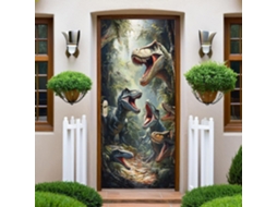 Papel De Parede Verde Para Porta 73x204 Cm O Mundo Dos Dinossauros Na Floresta Adesivo Trompe L'oeil Pôster De