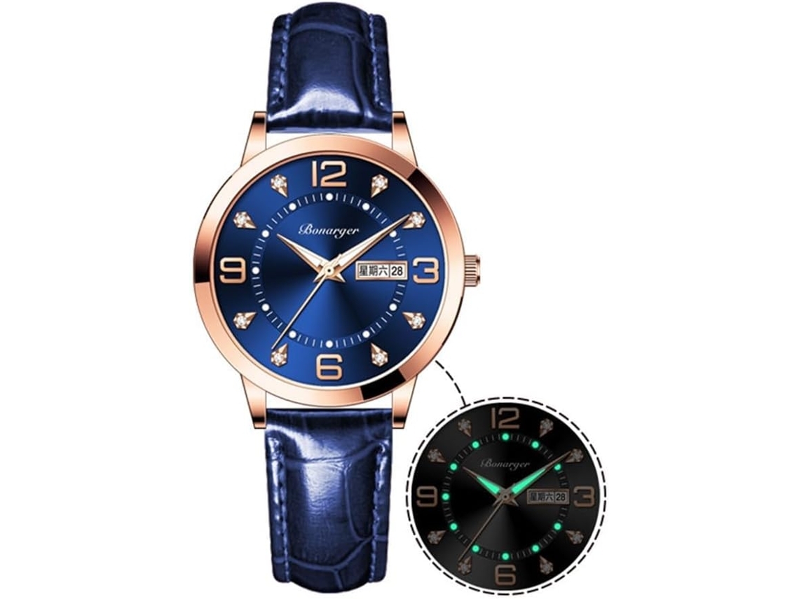 Relógio de Pulso Feminino com Pulseira de Couro À Prova DÁgua e Rosto Pequeno com Diamante-Vermelho Rosa
