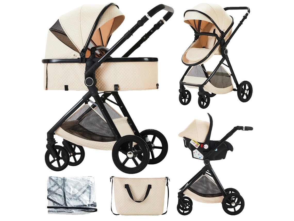 Carrinho De Bebê, Funcionalidade 3 Em 1, Design De Dobragem Fácil, Bege