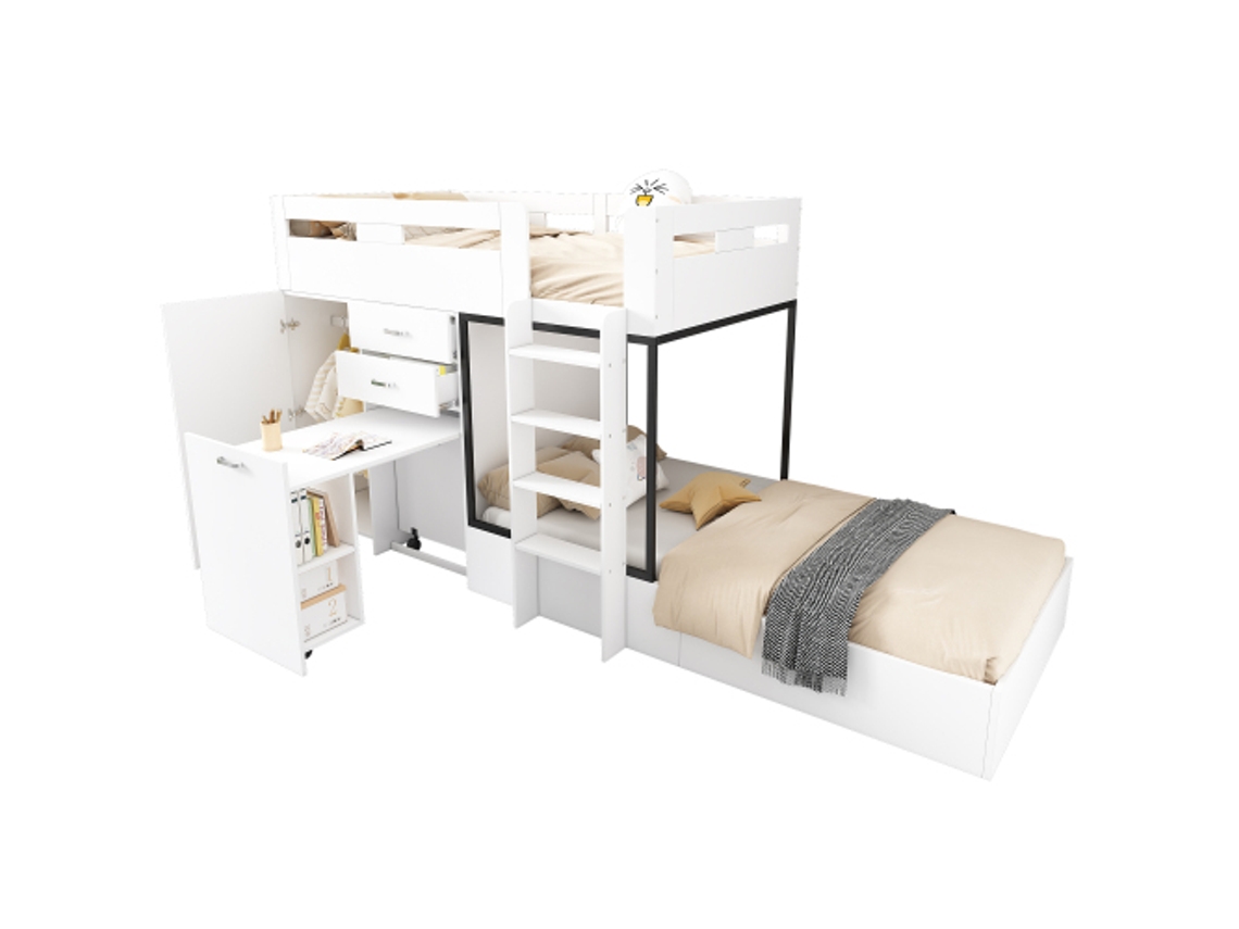 Beliche Com Escrivaninha Retrátil E Guarda-roupa, Cama Infantil Multifuncional, Beliche Infantil, Prateleiras E Escadas, Sem Colchão, 90*200 Cm