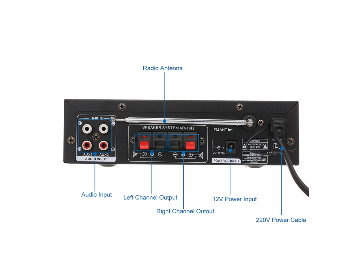 Amplificador Mali de áudio, 50W+50W, com Bluetooth, USB, SD, FM, microfone, controle remoto