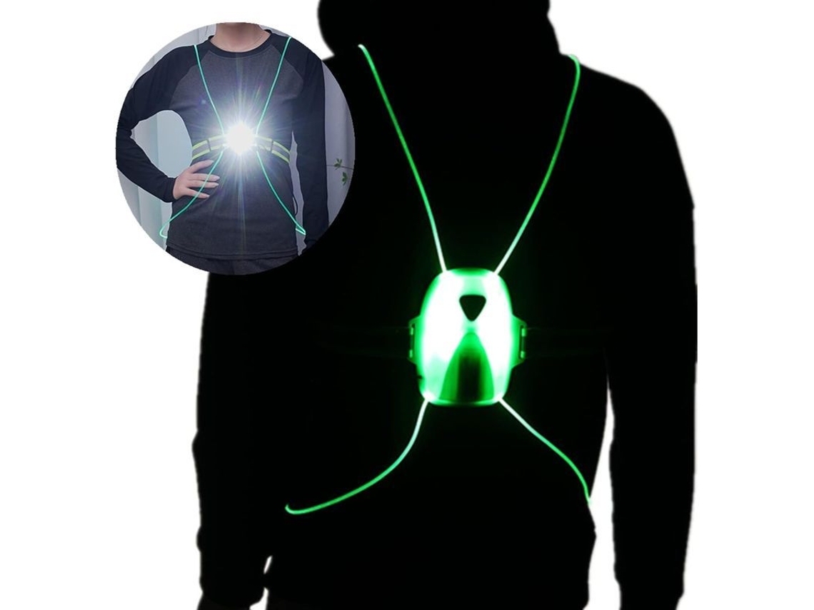 Colete refletor com luzes frontais ajustáveis, recarregável via USB, tamanho ajustável para corredores e praticantes de jogging.