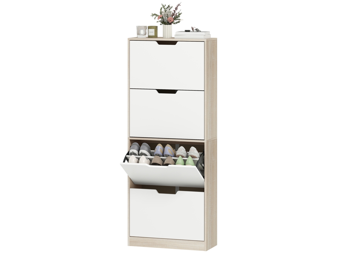 Armário Estreito Para Sapatos Com 4 Portas Dobráveis, Madeira E Branco, Prateleiras Ajustáveis Para 16 Pares, 62,5x26x156 Centímetros