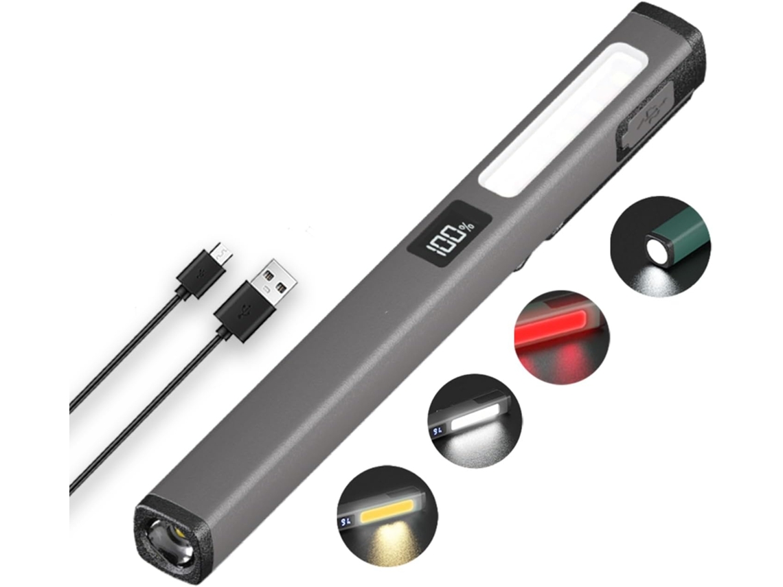 Lanterna Led Recarregável Em Formato De Caneta Com Luz Cob, 6 Modos De Iluminação, Usb-c E Visor Lcd (cinza)