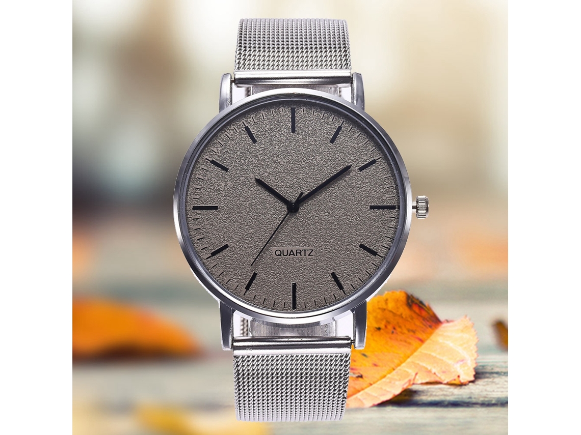 Relógio de pulso unissex Zhoulianfa com pulseira de malha cinza, ideal para uso casual.