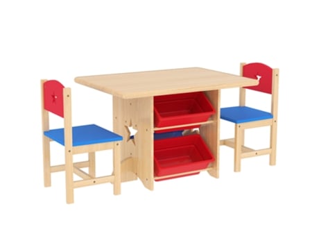 Conjunto de Mesa e Cadeiras MDF, Madeira de Pinho e PP cor Madeira, Vermelho e Azul 77x57x50 cm AIYAPLAY