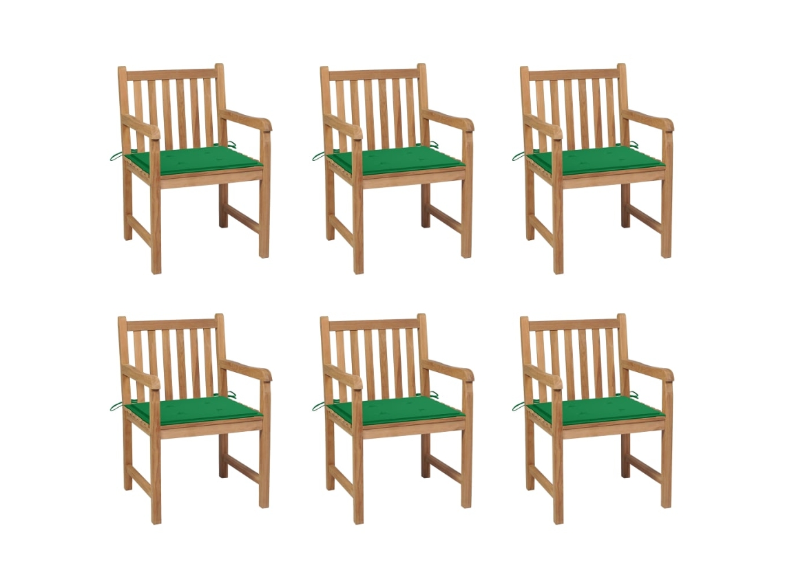 Vidaxl Cadeiras De Jardim C/ Almofadões Verdes 6 Pcs Teca Maciça