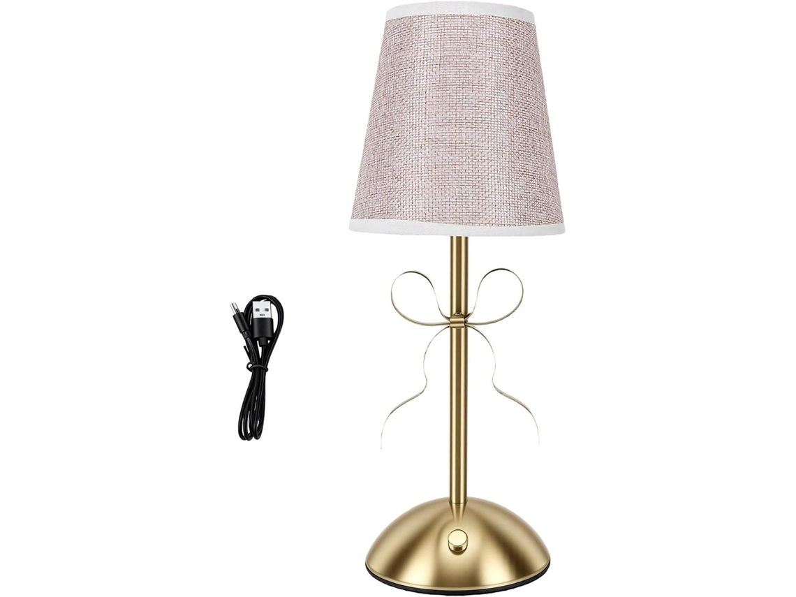 Luminária De Mesa Garosa Gold Knot, Led Recarregável Com Controle Por Toque, Cúpula De Tecido E Base Vime, Conexão Usb
