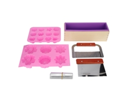 Kit de Moldes de Sabão Artesanal Silicone com Caixa de Madeira e Cortadores Ondulados e Retos | S/MARCA