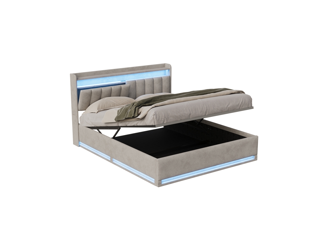 Cama De Casal 140x200 Cm, Cabeceira Com Arrumação, Iluminação Led E Carregador, Cama Estofada Hidráulica, Cama Funcional, Cinza Mexus