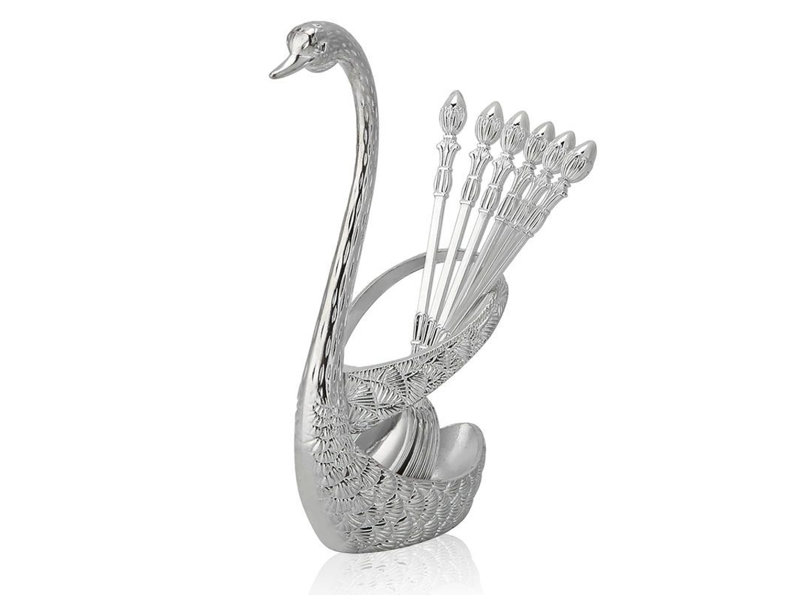 Colher de Café, Colher de Sobremesa com Porta colheres Cisne em Liga de Zinco, Utensílios Domésticos (prata)