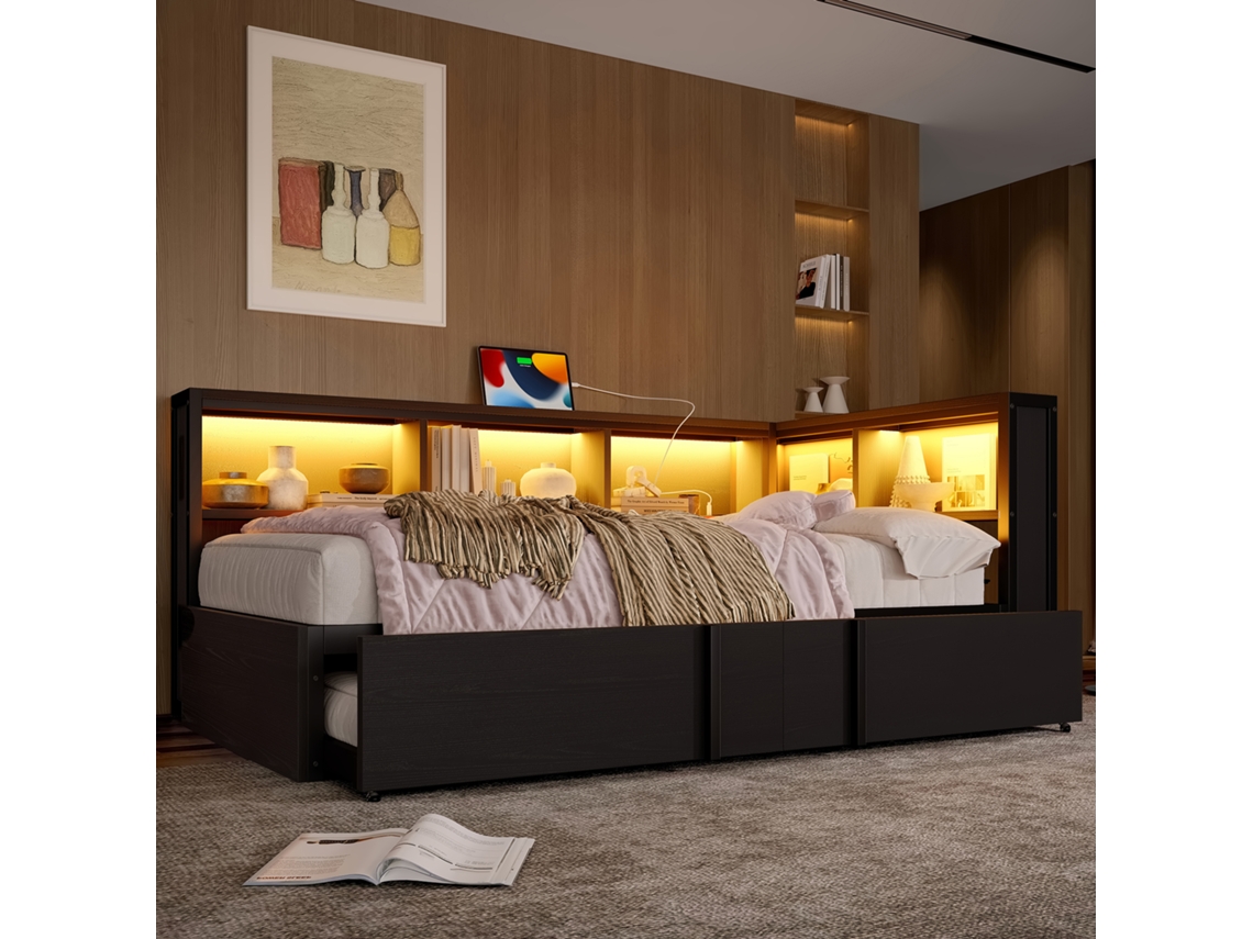 Cama Dia Metálica 90x200cm Com Cama Extra, Armários, Luz Led E Usb, Preta.