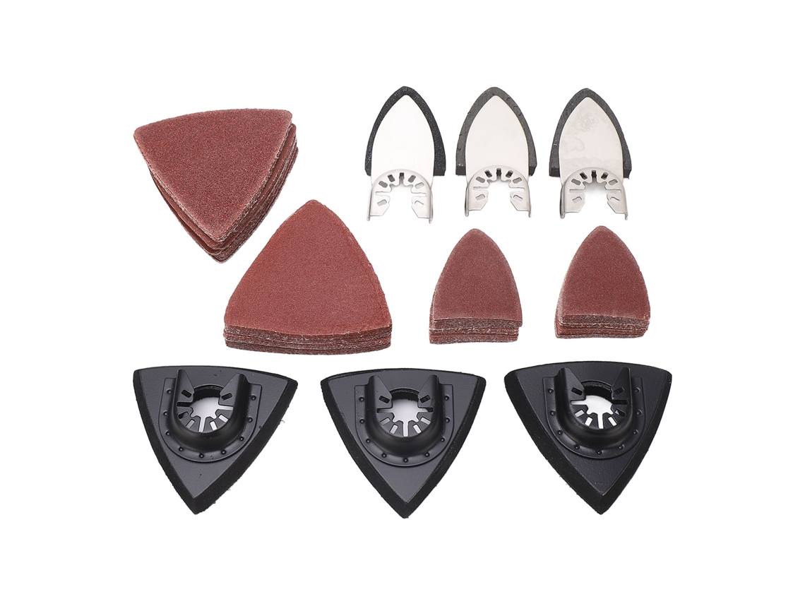 Kit de lixas para ferramenta oscilante com 106 peças: 6 discos triangulares e 100 folhas de lixa para metal.