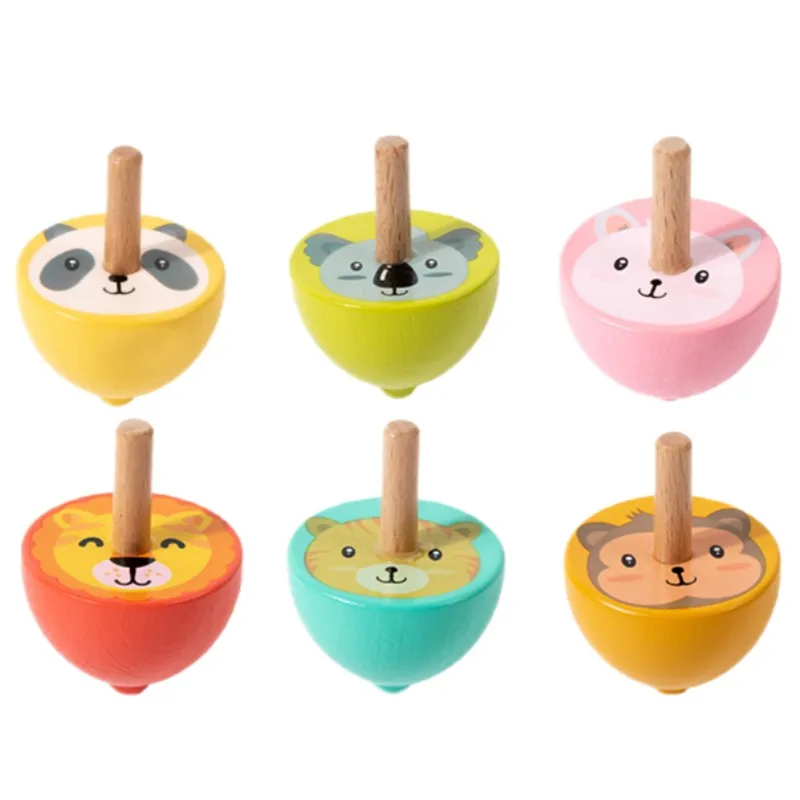 Conjunto De 6 Piões De Madeira, Piões Coloridos Montessori Com Desenhos Animados.