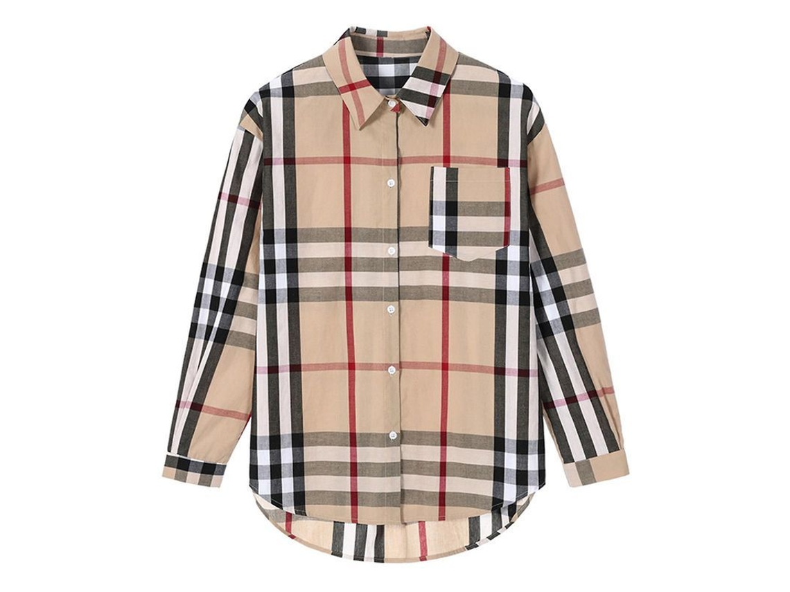 Camisa xadrez feminina, manga comprida, com botões, estilo casual, com bolso, tamanhos M-4XL, cor cáqui.
