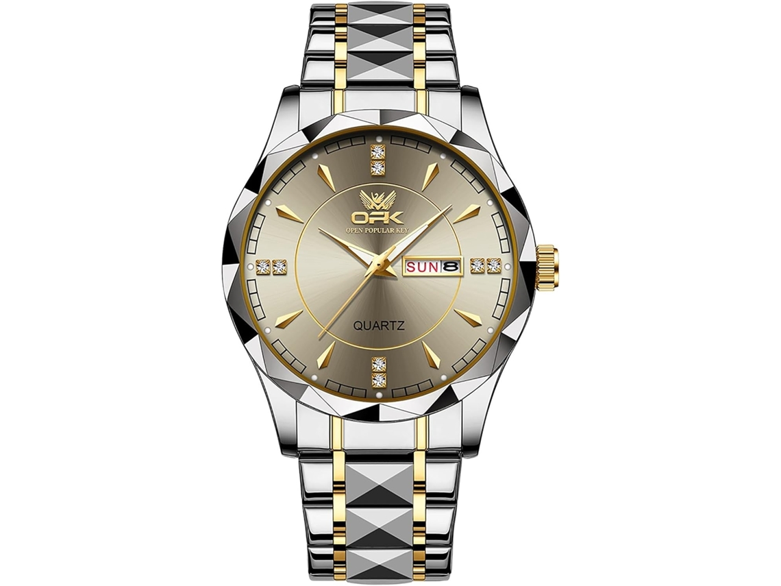 Lurelia Relógio Masculino, Data/calendário, Luminoso, Detalhes Com Strass, Aço Inoxidável, Abs, Branco, Dourado