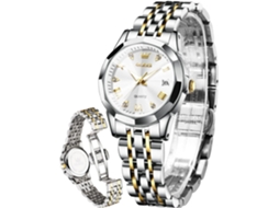 Lurelia Relógio Feminino, Movimento De Quartzo, Data/calendário, Detalhes Com Strass, Aço Inoxidável, Branco, Dourado