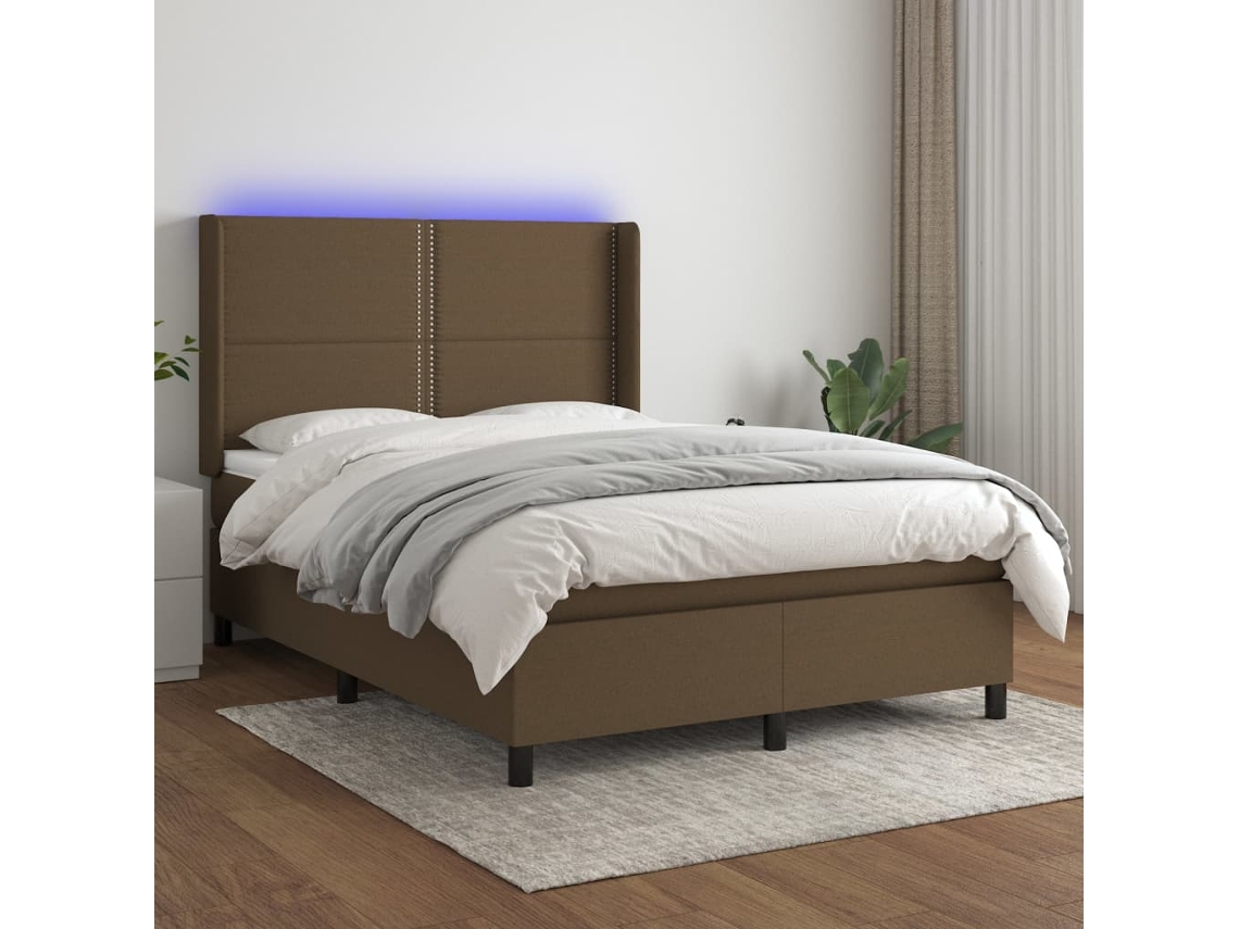 Vidaxl Cama Box Spring C/ Colchão/led 140x190cm Tecido Castanho-escuro