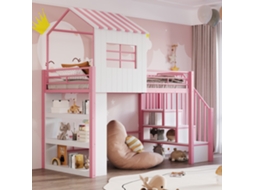 Cama Elevada 90x200cm Rosa Proteção Alta Estante Armazenamento