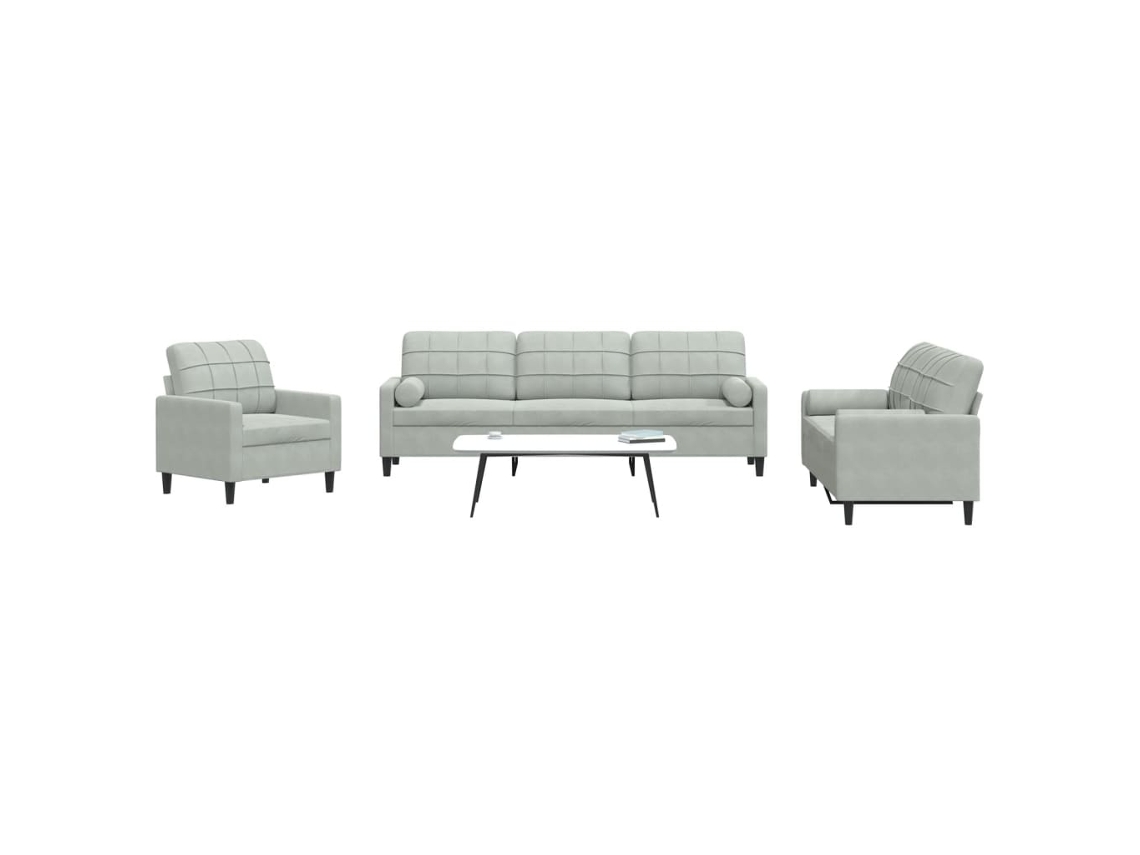 Vidaxl 3 Pcs Conjunto Sofás Com Almofadões E Rolos Veludo Cinza-claro