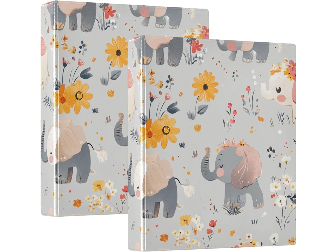 Pasta escolar com estampa de elefante animado, cinza, 3,8 cm x 1,5 polegadas, 3 aros com camada para bolsa, embalagem