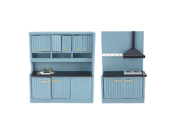 Mali kit Móveis Cozinha Casinha de Bonecas 1:12 Madeira Betula Escala Miniatura Azul Escuro