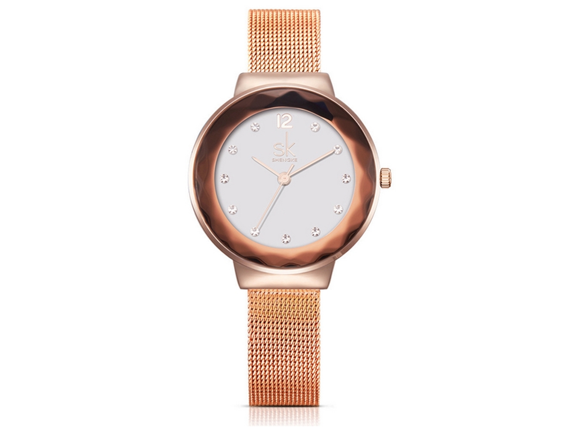 Relógio Analógico Feminino Shengke Pulseira de Malha Ouro Rosa com Strass