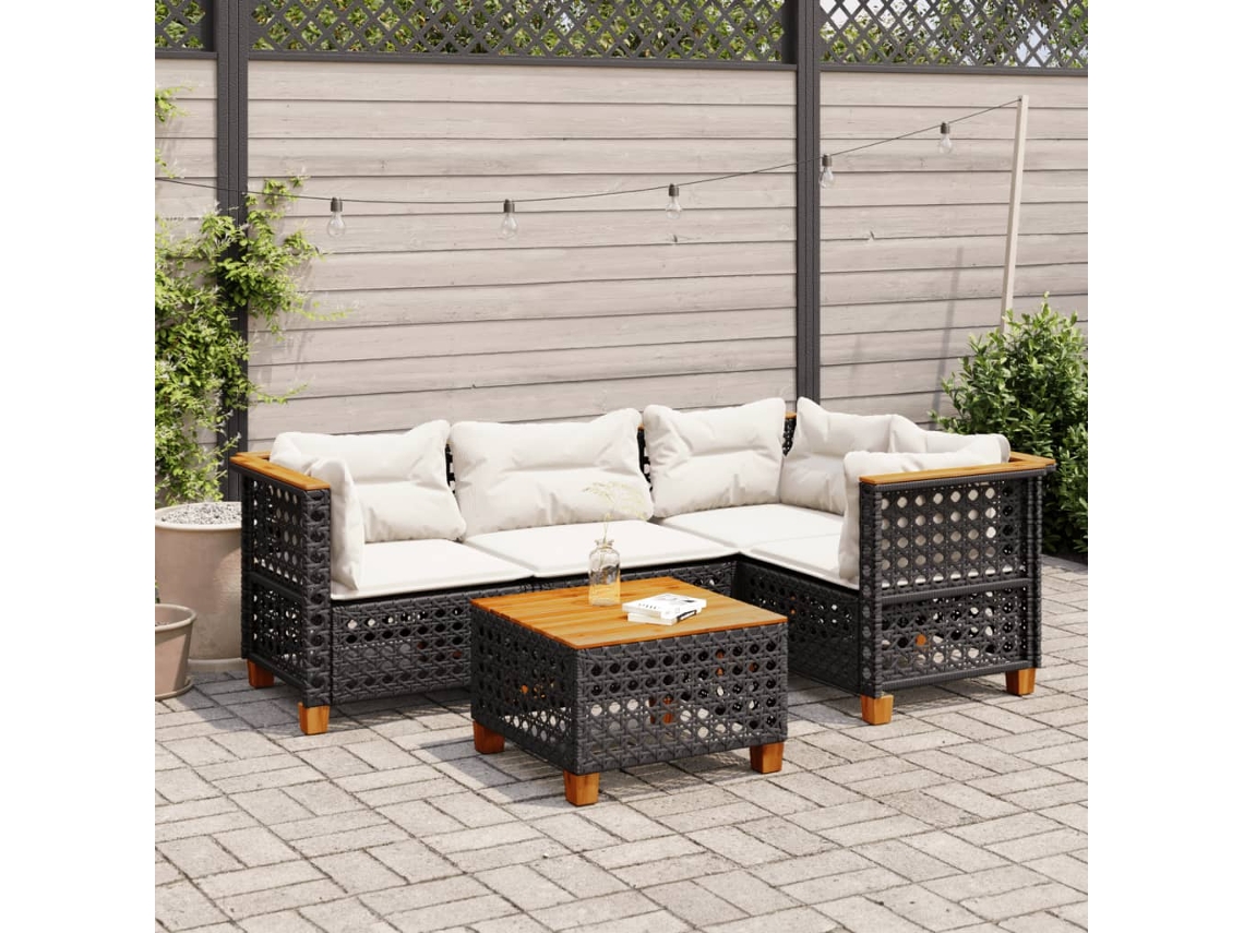 Vidaxl 5 Pcs Conjunto Sofás De Jardim Com Almofadões Vime Pe Preto