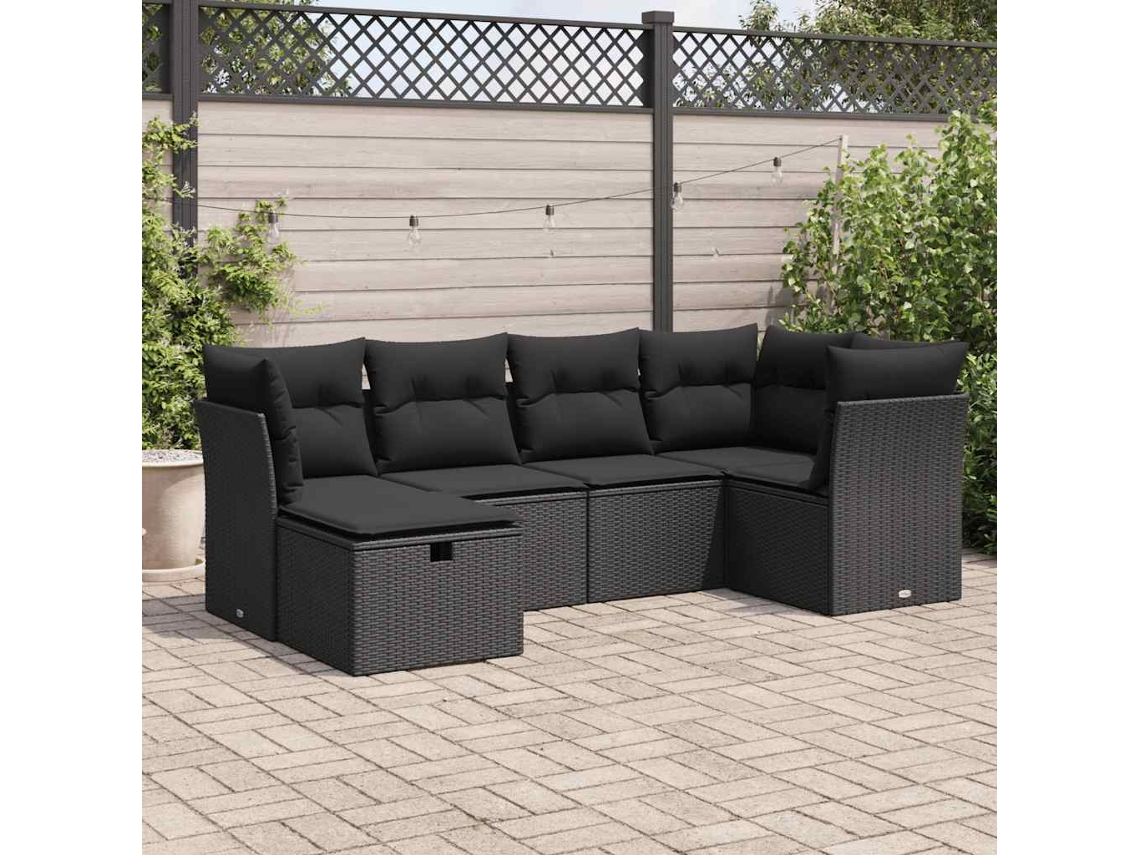 Vidaxl 6 Pcs Conjunto Sofás De Jardim C/ Almofadões Vime Pe Preto