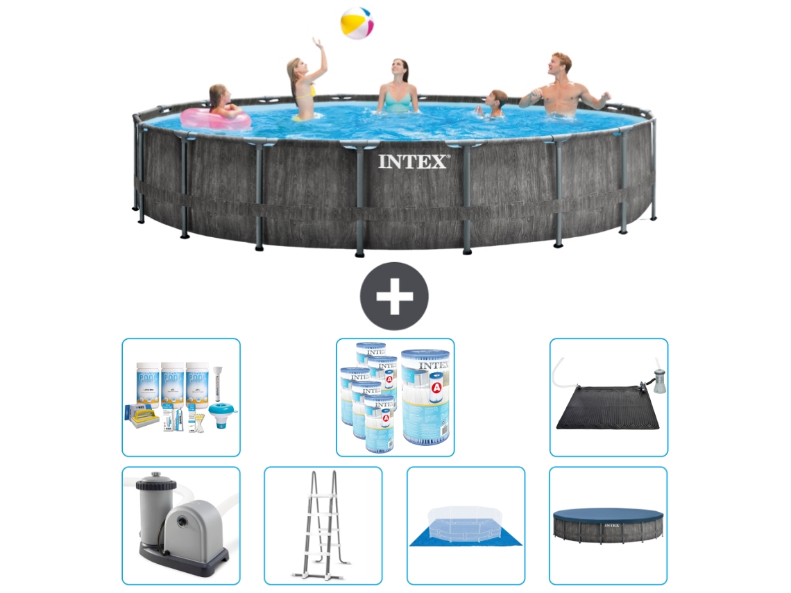 Piscina INTEX Round Prism Frame Greywood 549 X 122 Cm Inclui Bomba Escada Lençol Cobertura Pacote de Manutenção Filtros Tapete Solar