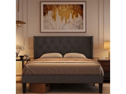 Cama Estofada Cinzento escuro Madeira Maciça 140 X 200 Cm BEALIFE