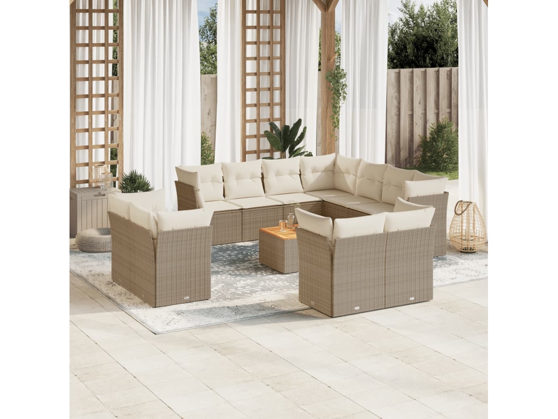 Vidaxl 12 Pcs Conjunto De Sofás P/ Jardim Com Almofadões Vime Pe Bege
