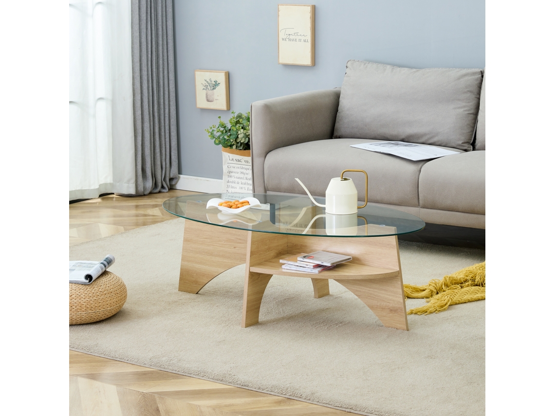 Mesa Oval De Vidro Temperado 104,9x60cm, Design Multifuncional. Base Com Prateleiras Diagonais Claras E Apoio Integrado. Ideal Para Sala De Jantar.