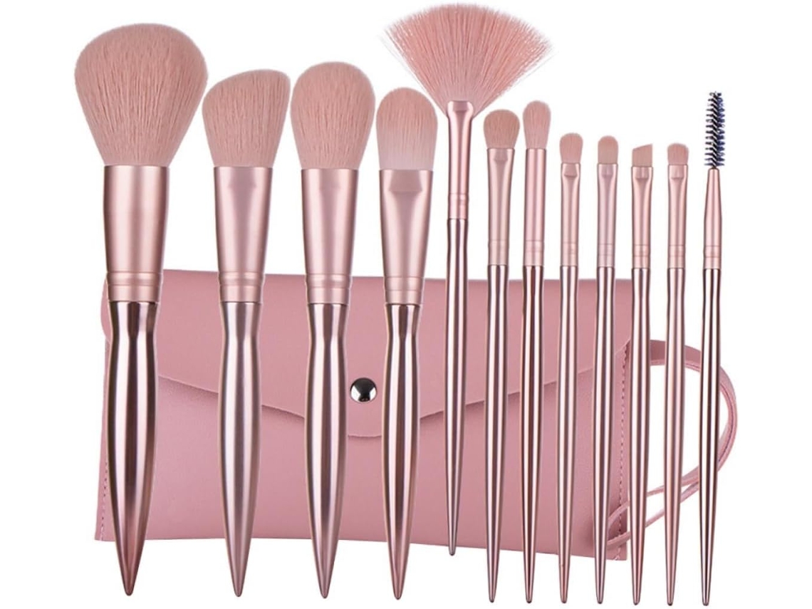 Kit De 12 Pincéis De Maquiagem Profissional Com Cabo De Plástico Para Pó E Bolsa Gokoco