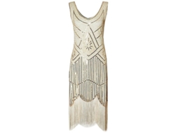 2026 vestido Flapper Dos Anos 20 para Mulher com Franjos Longos, Strass e Pérolas, Fantasia Gatsby Cpb L Bege