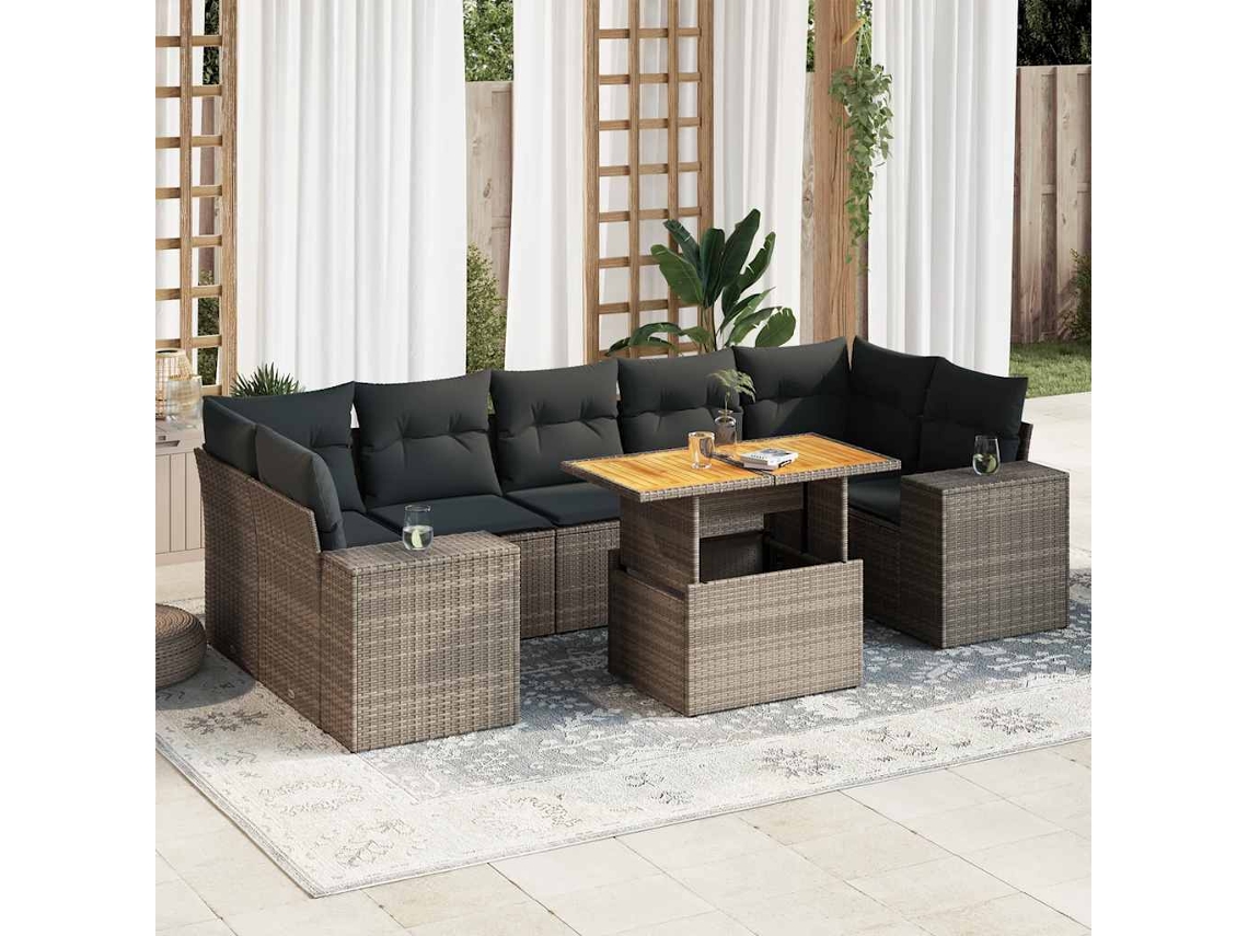 Vidaxl 8 Pcs Conjunto Sofás De Jardim C/ Almofadões Vime Pe Cinzento