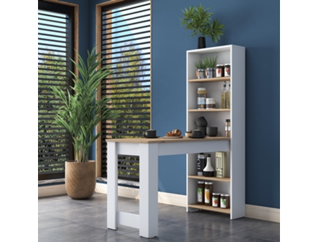 Mesa De Bar Scandi Com Estante Incorporada Nogueira E Branco, 120x53.8x153.6 Cm Design Escandinavo Leva Me Contigo