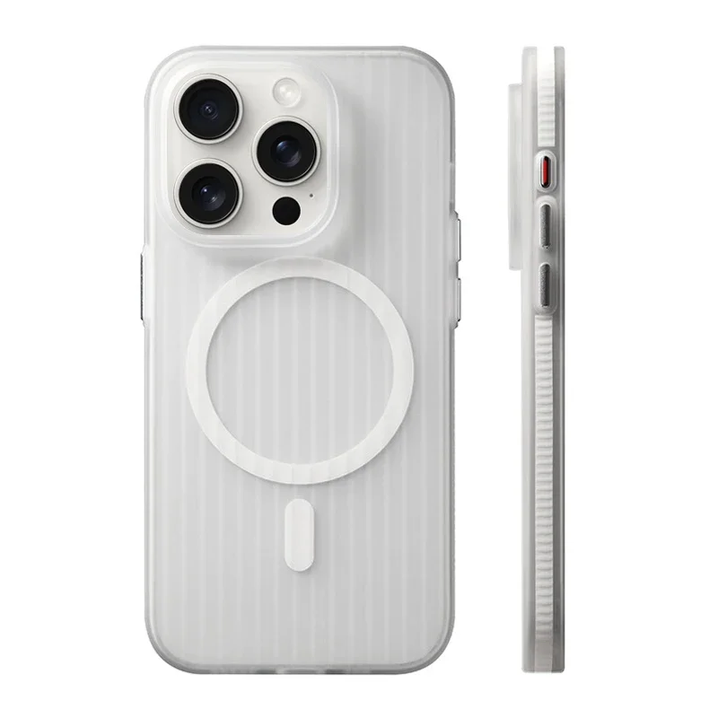 Capa Para Celular Com Carregamento Sem Fio Listrada (iphone 14 Pro Max Branco De 6,7 Polegadas), Com Moldura Fosca Resistente A Impactos.
