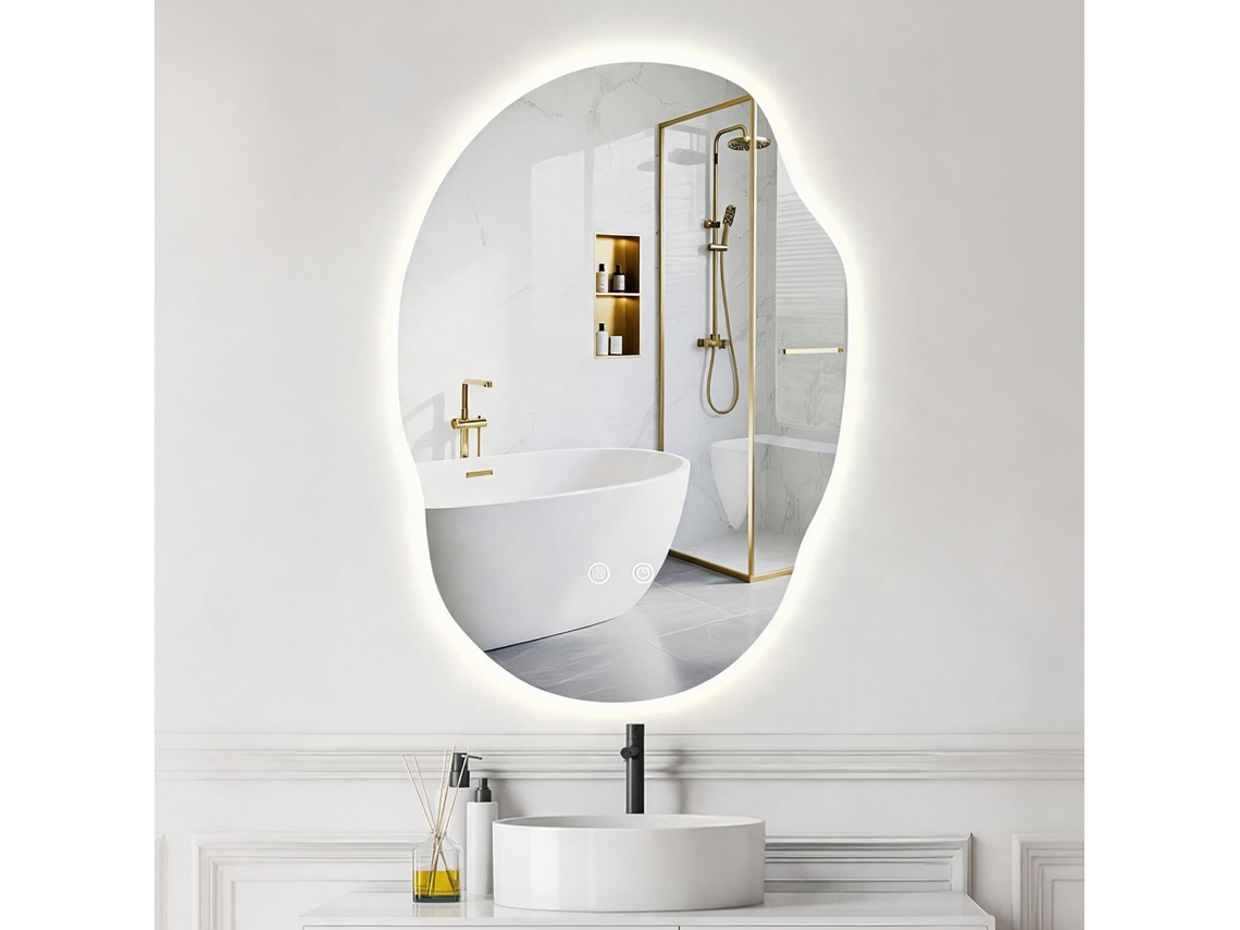 Espelho De Banheiro Com Luz Led, Forma Irregular, Anti‑nevoeiro, Função Tátil, 3 Temperaturas De Cor, Ip54 À Prova De Água, 60 X 90 X 3 Cm