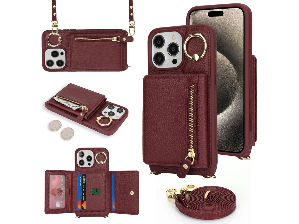 Suporte Casa Para Iphone 15 Pro Pele Sintética Com Porta-cartões Vermelho