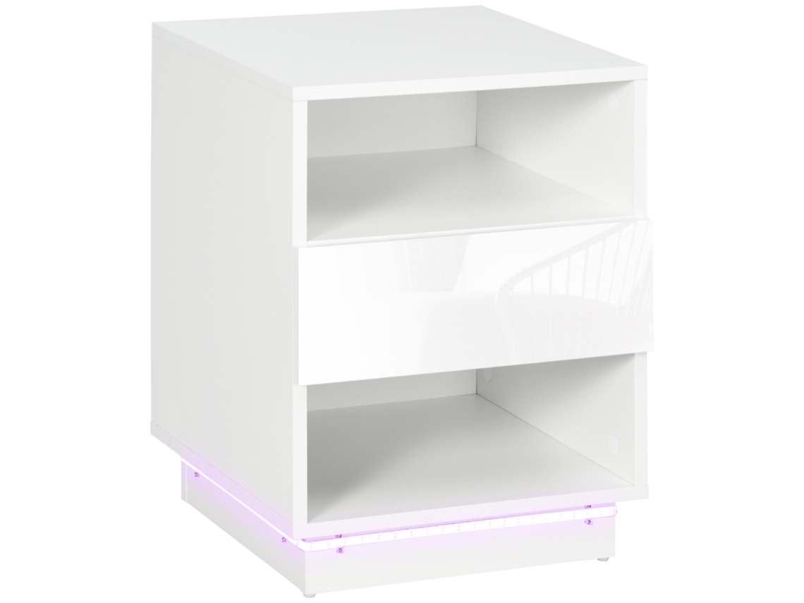 Mesa Cabeceira Led Alto Brilho Gaveta 2 Prateleiras Controlo Branco